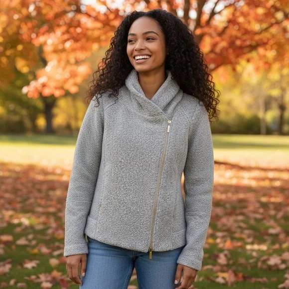 Lucky Brand Textured Knit Asymmetrical Zip Sweater Jacket Cozy Fall Gray Size M - Picture 5 of 10